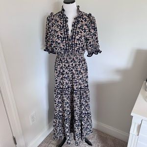 Max Studio Tiered Floral Dress Navy Floral Print Medium